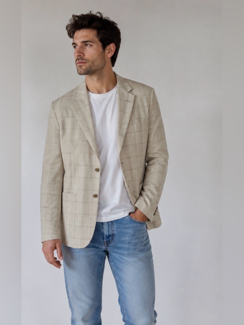 Alan Flusser NWT Men’s Linen Blend Windowpane Sports Coat Creme Size Large